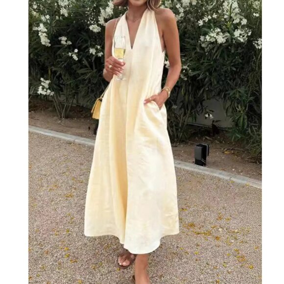 Banana Republic Butter Yellow Cream Pauline Linen Midi Dress. Size M. NEW. - Picture 2 of 9